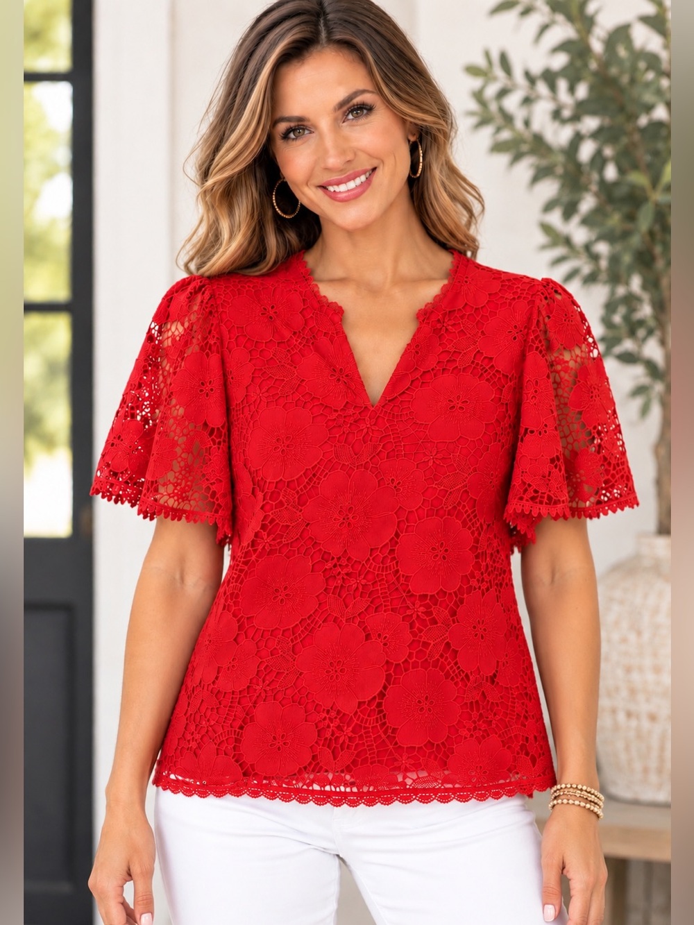 Beulah Red Floral Lace Blouse Flutter Sleeve Top NWT